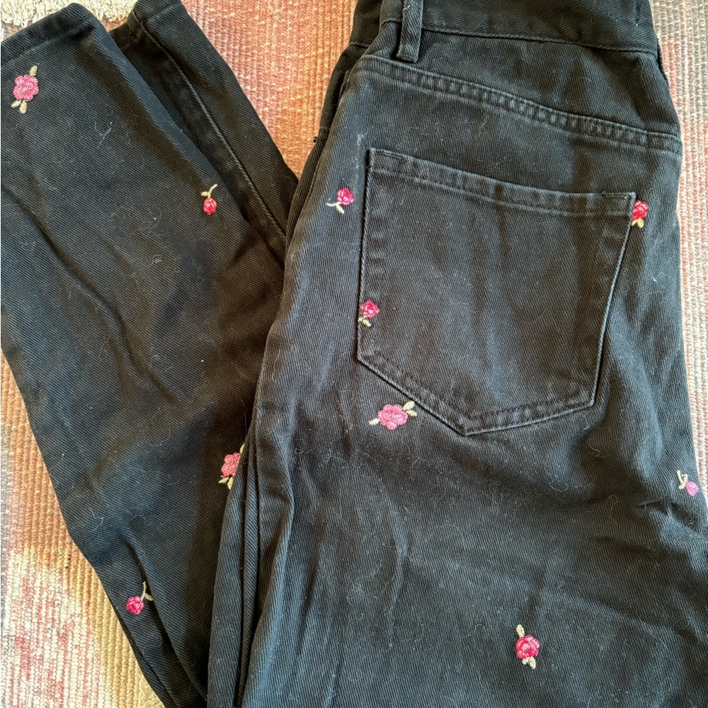 PacSun Black Jeans with Pink Floral Embroidery